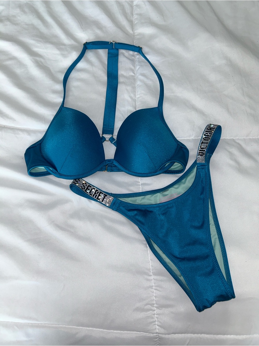 Victoria's Secret Teal Shimmer T-Back Bikini with Embellished Straps